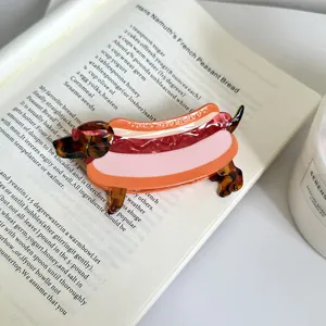 Lindo pasador de pelo de acetato de salchicha, diseño de perrito caliente para mujeres.