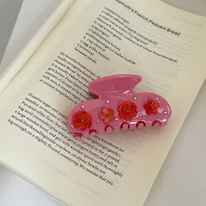 Rosa Blumen Haarklammer, elegante große Acryl Haargreife mit Strass für Damen und Mädchen.