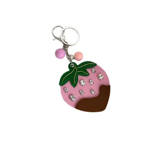 Portachiavi fragola rosa con strass e design di cioccolato, grazioso ciondolo per borsa.