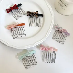 Korean style bow acetate hair comb, metal teeth inserts for women and girls hairstyling.