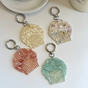 Portable mini acetate shell comb keychain stylish pearl marble pattern bag charm for women