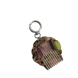 Portable mini acetate shell comb keychain, pearlescent marble hair comb bag pendant charm.