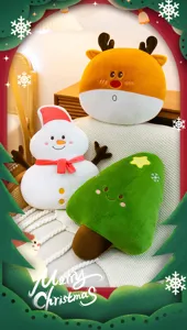 Cartoon Christmas plush pillow set including cute reindeer, snowman and tree cushions.