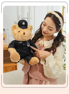 Cute police bear plush toy in uniform, soft stuffed animal doll gift for kids and fans.