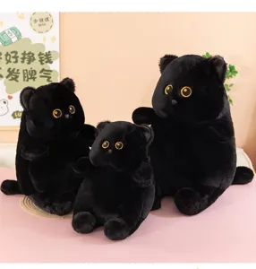 Schattige zwarte kat pluche knuffel, mollig dier kussen, zachte pop om te slapen en decoratie.