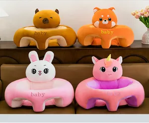 Plush infant support sofa detail featuring cute animal designs and soft fabric for safe baby sitting.