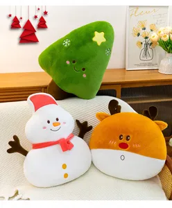 Cute Christmas plush pillows set featuring tree, snowman and reindeer shapes for cozy home decor.