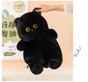 Schattig zwart kat pluche speelgoed detail, zacht fluffy materiaal, lieve ronde ogen vorm.