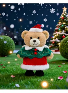 Detailed view of standing Christmas teddy bear plush toy ornament, festive decoration.