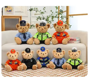 Detailed view of cute plush teddy bear toys dressed in various police and firefighter uniforms.