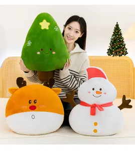 Details of Christmas plush pillows featuring cute snowman, elk and holiday tree cushion toys.