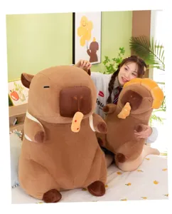 Cute capybara plush toy with bread, soft stuffed animal doll pillow for kids and gift lovers.