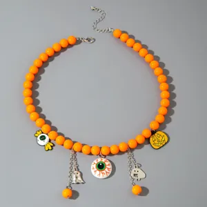 Collier d'Halloween vibrant à perles orange avec breloques citrouille, fantôme et yeux effrayants