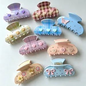Pinces à Cheveux Françaises en Acétate Taille Moyenne Motif Plaid Strass Cœur Papillon Fleur Pinces Requin pour Femmes Accessoires Cheveux