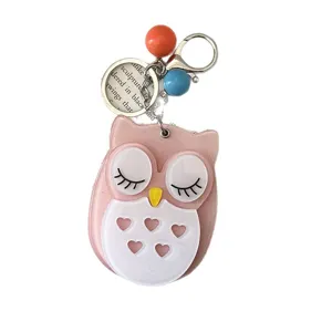 Simpatico portachiavi specchio trucco gufo cartone animato, ciondolo borsa portatile per donna.