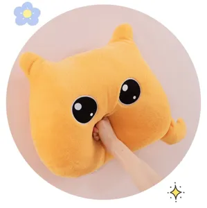 Cute yellow cat plush pillow and soft stuffed kitten cushion toy for sofa home decor.