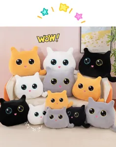 Cute cat plush pillow detail showcasing soft fluffy cat head cushion and toy design.
