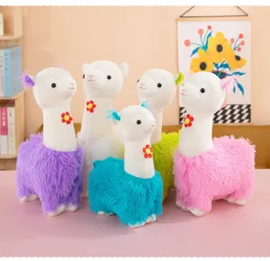 Colorful alpaca plush toys set, cute flower neckpiece, soft sleeping pillow and desktop decor.