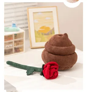 Joli jouet en peluche marron en forme de caca et rose rouge douce pour decoration de chambre.