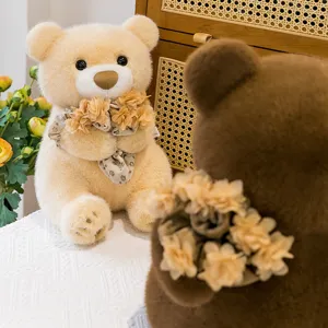 Grazioso orsetto di peluche con mazzo di fiori, morbido giocattolo regalo per ragazze.
