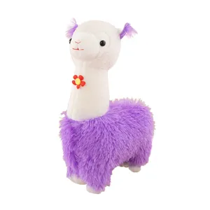 Cute plush alpaca toy with purple fluffy fur and little flower, soft stuffed doll for kids.