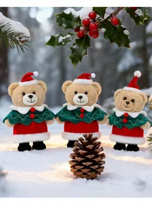 Christmas teddy bear plush doll set with cute standing posture, festive holiday decor ornament.