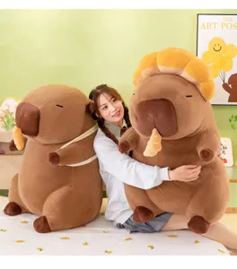 Cute capybara plush toy with bread and mushroom design, soft stuffed animal doll gift for kids.