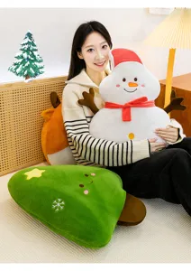 Christmas snowman plush pillow detail view, cozy bedroom scene with soft touch and cute design.
