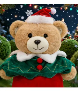 Cute Christmas teddy bear plush toy with Santa hat and elf cape for holiday decor and gifts.