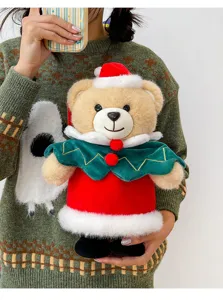 Cute Christmas teddy bear plush doll, standing stuffed animal toy with Santa hat for holiday gift.