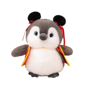 Cute penguin plush toy with mouse ears and red cape soft doll for desktop decoration