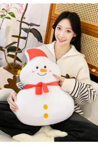 Cute Christmas snowman plush pillow detail view, soft cozy cushion toy for bed companion