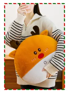 Cute Christmas elk plush pillow with soft orange and white fur, cute antlers and cozy home detail.