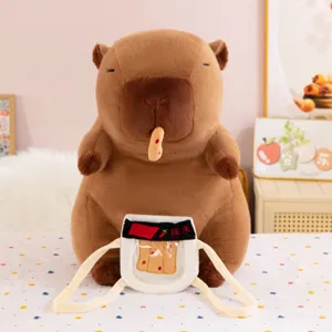 Cute capybara plush toy eating snack with mini spicy strip bag, soft stuffed doll gift main.
