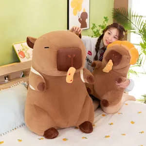 Cute giant capybara plush toy holding bread, soft stuffed animal doll cozy bedroom decor main view.