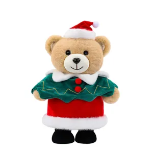 Cute Christmas teddy bear plush doll in Santa hat and holiday cape, perfect seasonal gift.