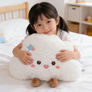 Cute cloud plush pillow for kids, soft stuffed toy with cute face embroidery for home decor.