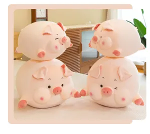 Cute cartoon lying round pig plush toy, super soft chubby sleeping pillow for gifts.