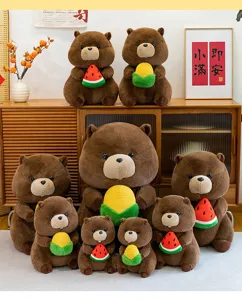 Cute cartoon marmot plush toy detail showing cute stuffed animal holding watermelon and corn pillow.