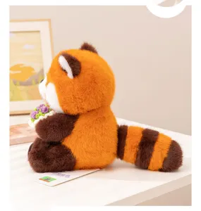 Cute red panda plush toy holding a bouquet, soft stuffed animal doll for romantic gifts.