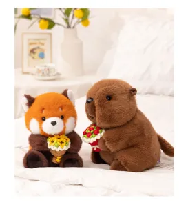 Detailed view of cute red panda and marmot plush toys holding handmade crochet flower bouquets.