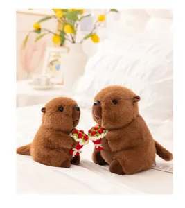 Cute plush groundhog doll holding a knitted flower bouquet, soft texture, bedroom scene detail shot.