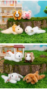 Cute floral lying animal plush toy set, soft stuffed doll desktop companion gift.