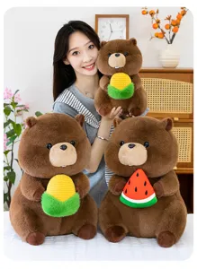 Cute plush marmot toy detail showcasing soft brown fur, cute expression, and snack props.