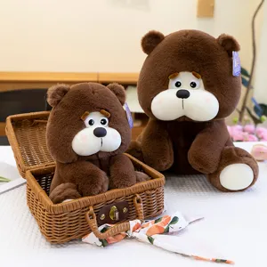 Schattige zittende bruine pluche beren speelgoed set met rieten mand, zachte knuffelpop cadeau.