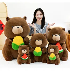 Cute plush marmot toy holding corn and watermelon, soft stuffed animal pillow for kids.