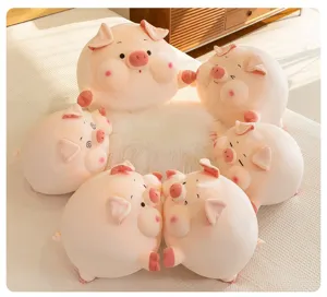 Cute round pink pig plush toy detail, soft stuffed animal doll sleeping pillow for girls