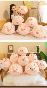 Cute pink round pig plush toy detail, soft stuffed animal pillow, warm hugging gift for kids.