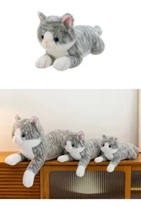 Cute gray and white cat plush toy, soft lying kitty pillow doll for kids and girlfriend.