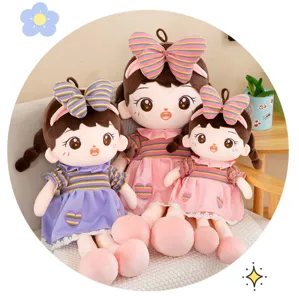 Cute plush cotton doll set with colorful bows and dresses, soft stuffed toy gift for girls.